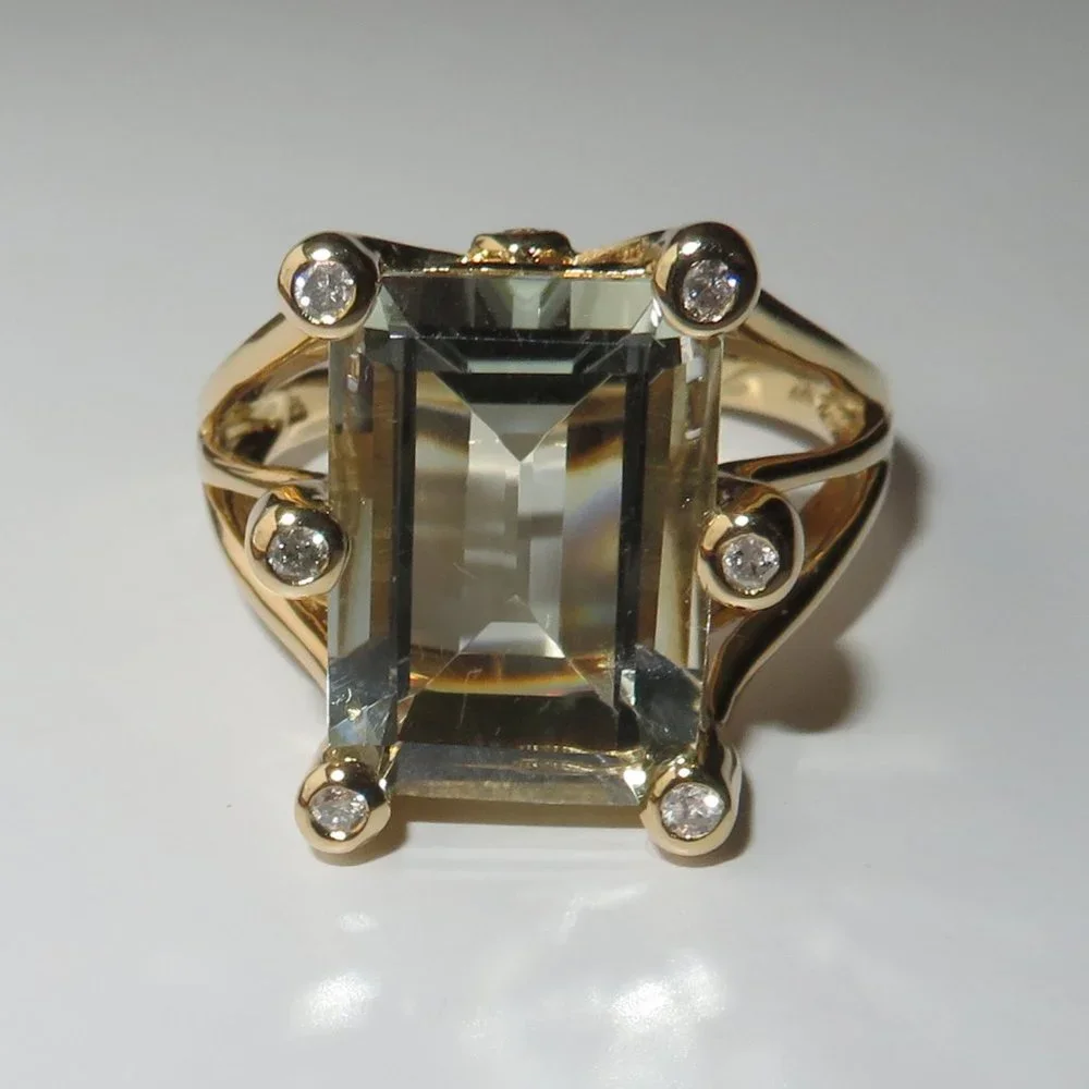 Natural Prasiolite Green Quartz Natural Diamonds 14K Yellow Gold Cocktail Ring